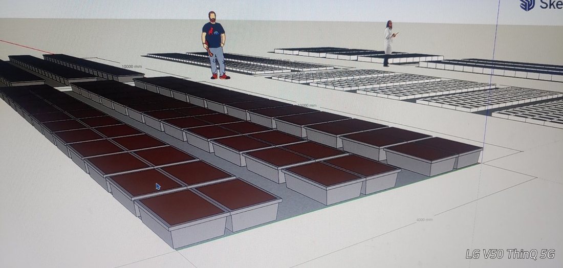 Three-dimensional design drawing of a large-scale hydroponic growing facility, with human figures for scale